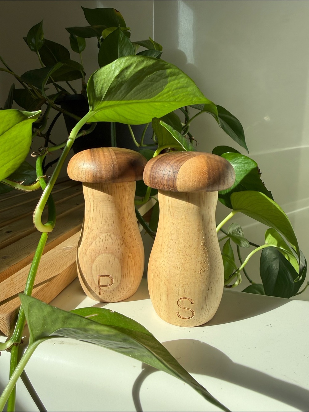 Vintage wood, mushroom salt, and pepper shakers